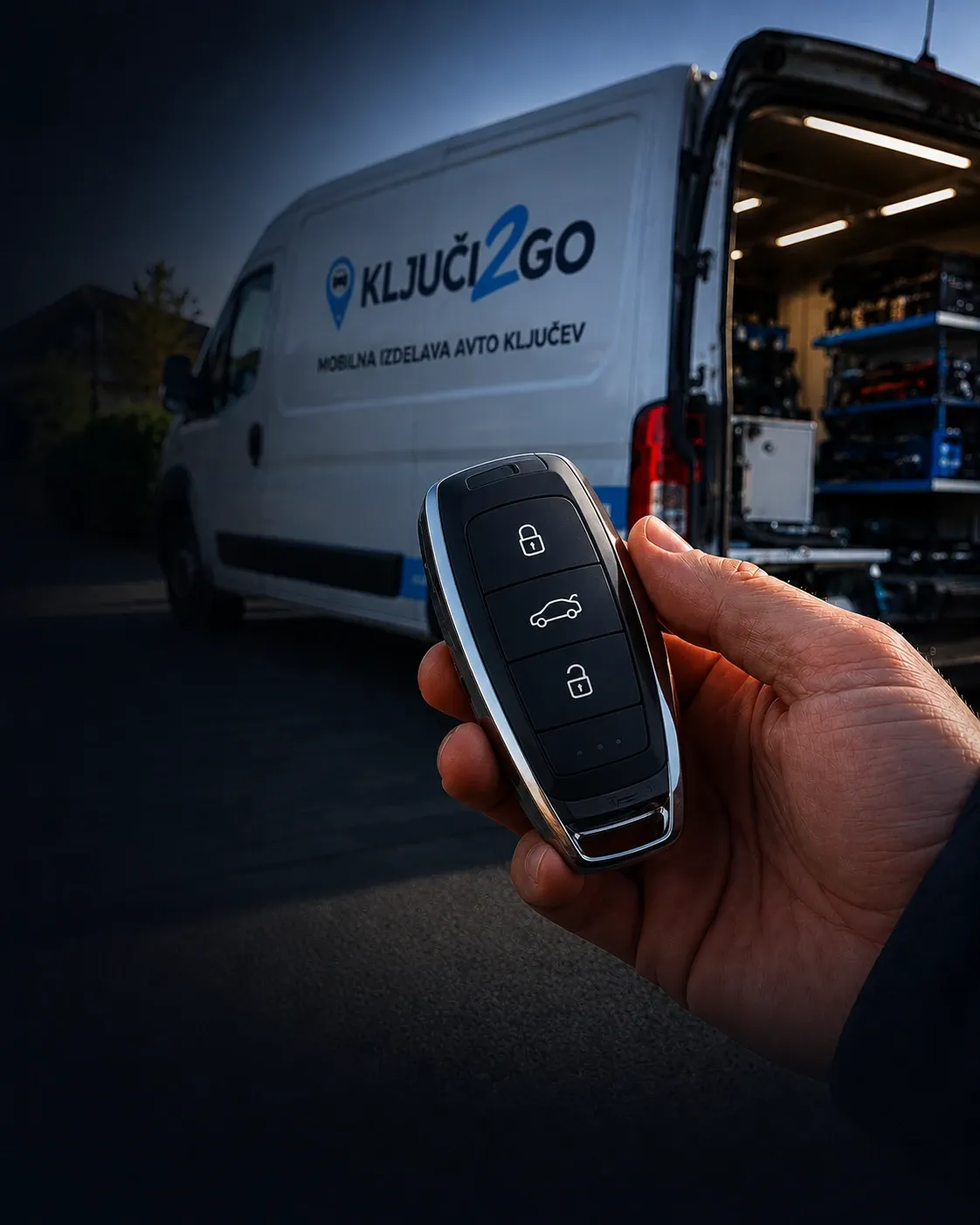 Roka drži programiran avto ključ, v ozadju odprta mobilna delavnica Ključi2Go