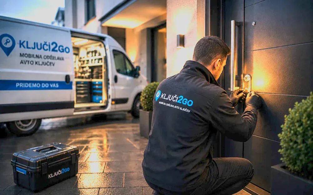 Ključavničar Ključi2Go odklepa vhodna vrata ob servisnem vozilu v večernih urah